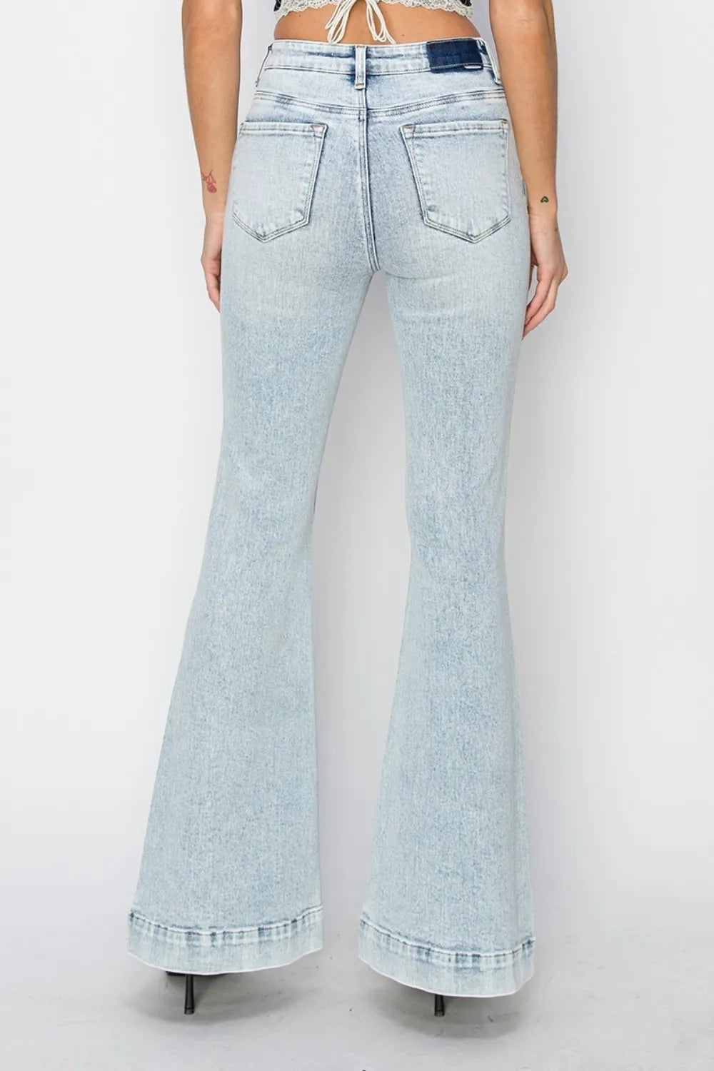 Risen Full Size High Rise Front Patch Pocket Flare Jeans - Brittney MADE