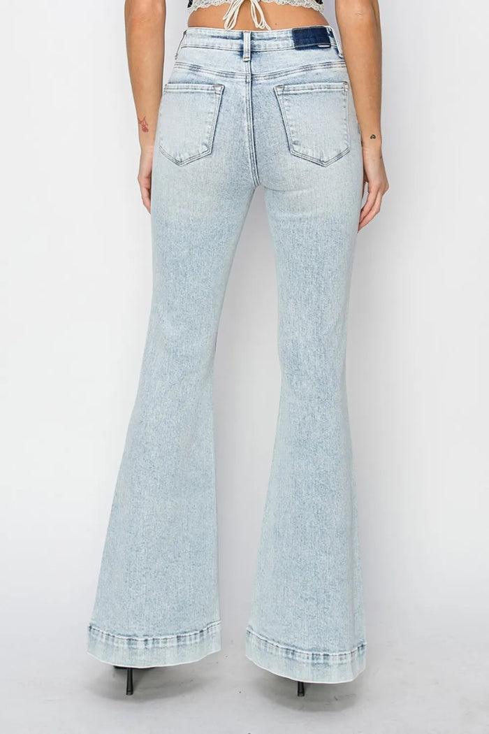 Risen Full Size High Rise Front Patch Pocket Flare Jeans - Brittney MADE
