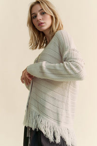 Davi & Dani Fringe V-Neck Button Up Long Sleeve Cardigan - Brittney MADE