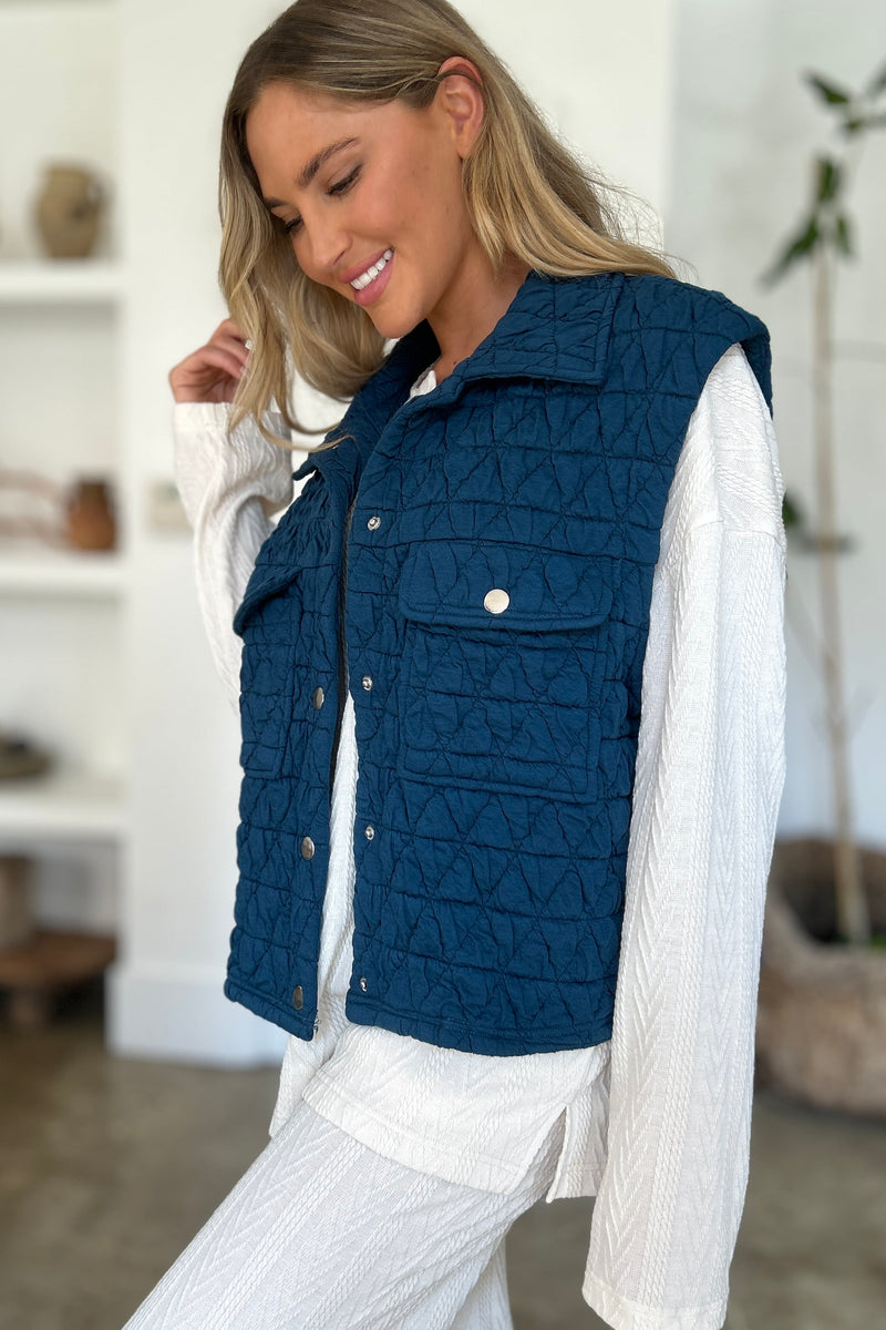 Double Take Full Size Pocketed Texture Snap Down Vest Coat - Brittney MADE