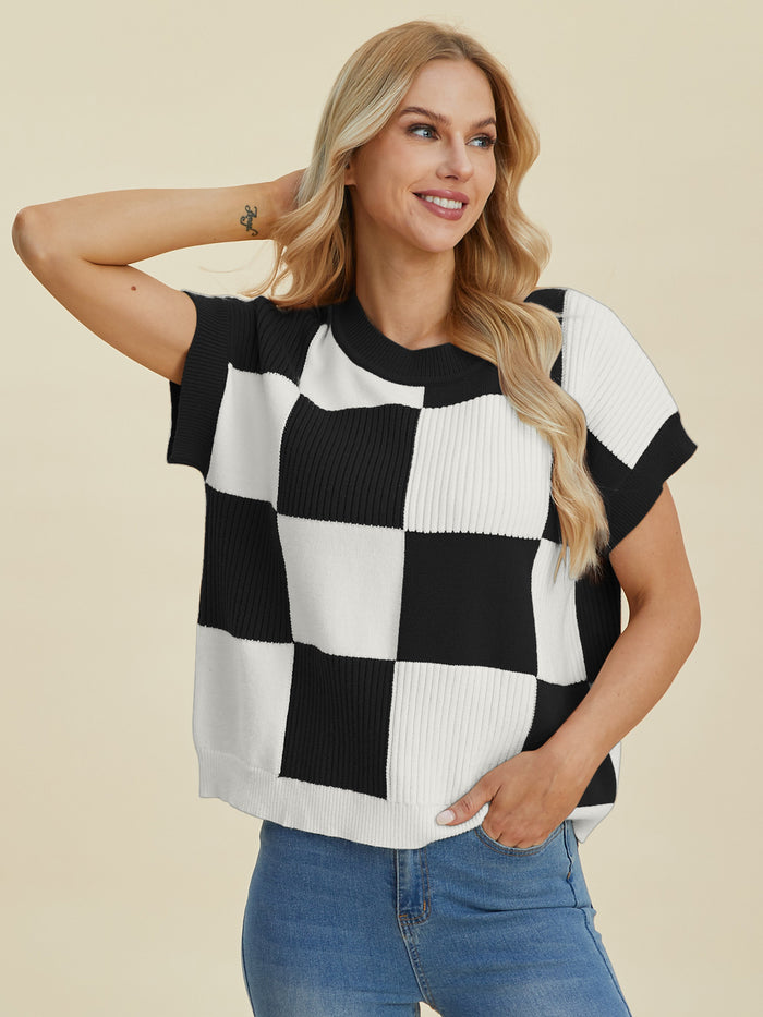 Double Take Full Size Checkered Round Neck Short Sleeve Sweater - Brittney MADE