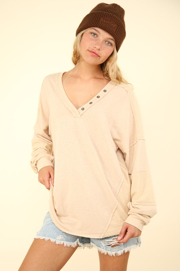 VERY J Washed V-Neck Exposed Seam Knit Top - Brittney MADE