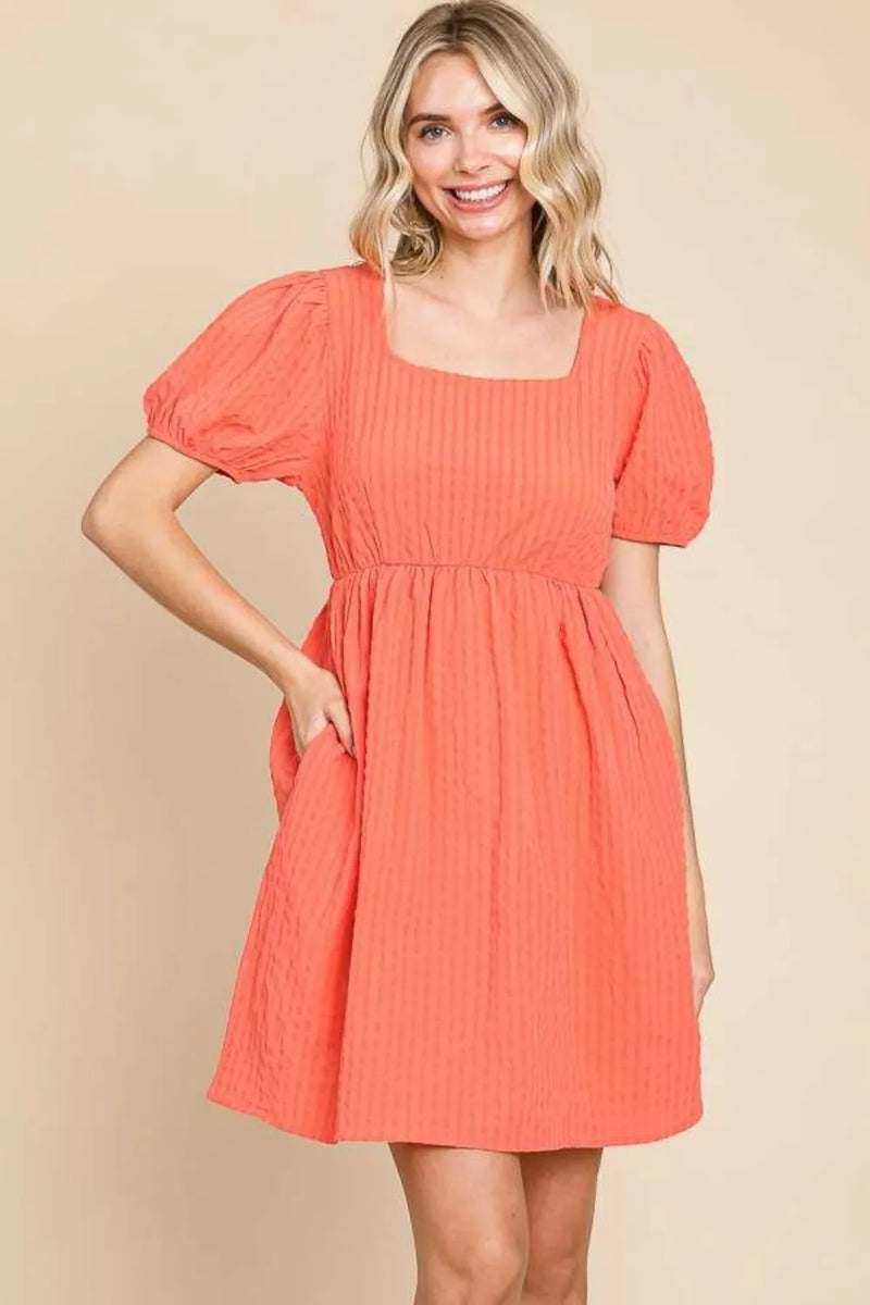Culture Code Textured Square Neck Short Sleeve Dress - Brittney MADE