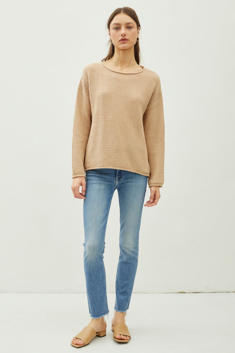 Be Cool Rolled Openwork Round Neck Sweater - Brittney MADE
