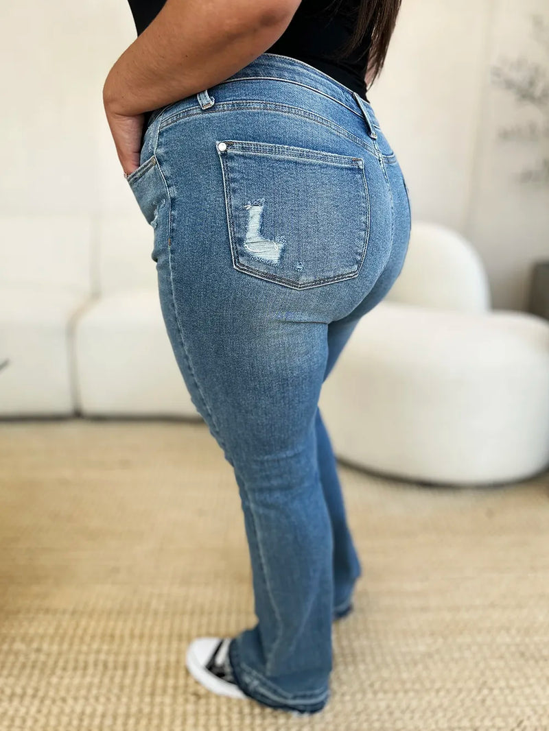 Judy Blue Full Size Mid Rise Destroyed Hem Distressed Jeans - Brittney MADE