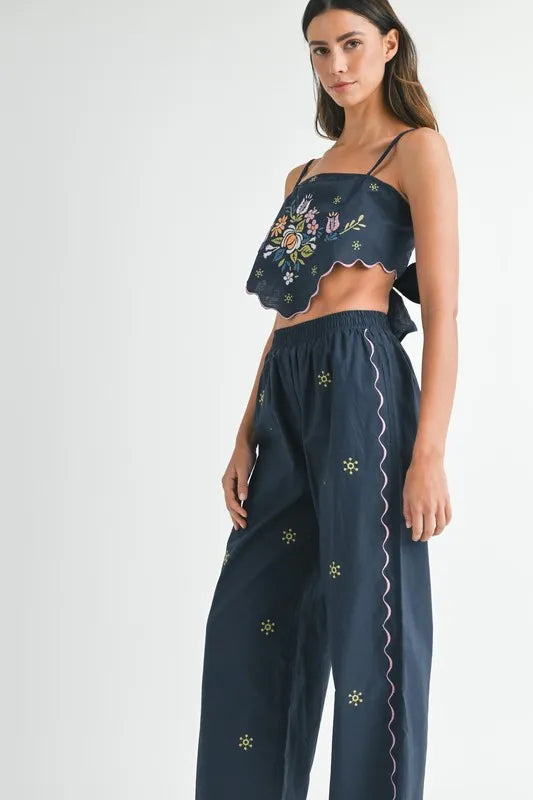 MABLE Linen Embroidered Scarf Top and Pants Set - Brittney MADE