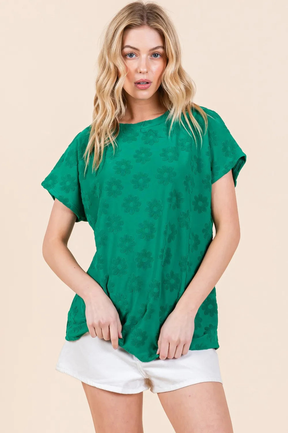 BOMBOM Textured Floral Pattern Short Sleeve T-Shirt - Brittney MADE