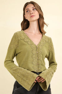 VERY J V-Neck Lace Detail Button Down Crop Ribbed Knit Top - Brittney MADE