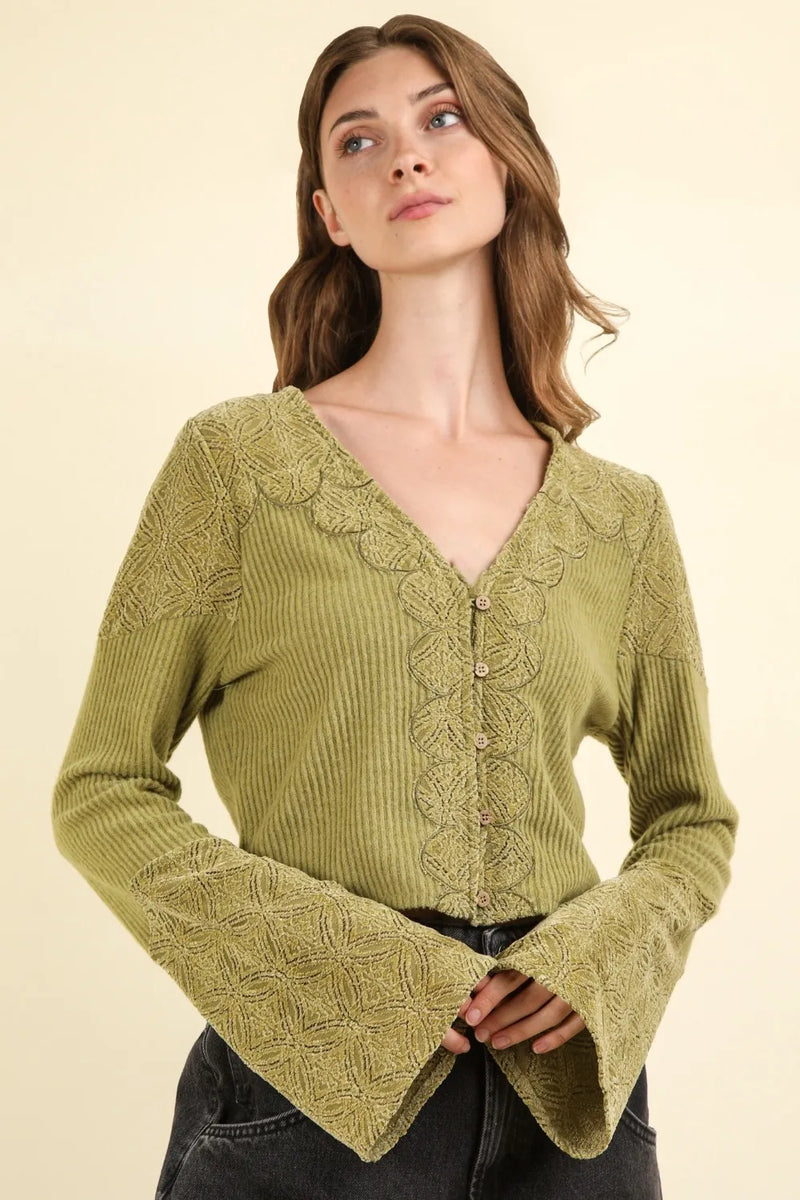VERY J V-Neck Lace Detail Button Down Crop Ribbed Knit Top - Brittney MADE