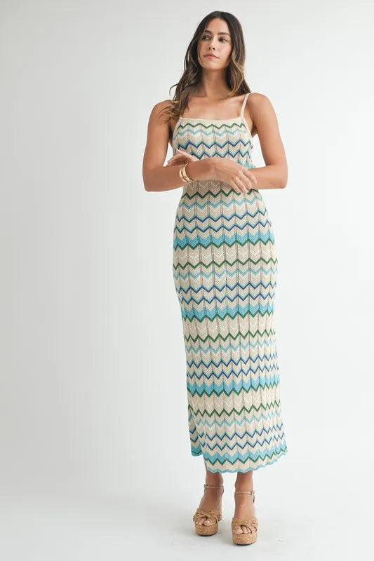 MABLE Lightweight Pointelle Chevron Knit Maxi Dress - Brittney MADE