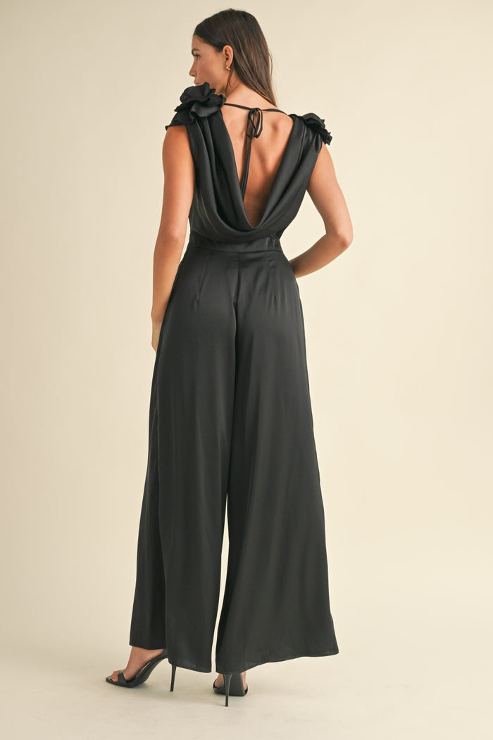 MABLE 3D Floral Applique Deep Cowl Neck Jumpsuit - Brittney MADE