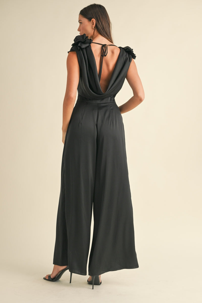 MABLE 3D Floral Applique Deep Cowl Neck Jumpsuit - Brittney MADE