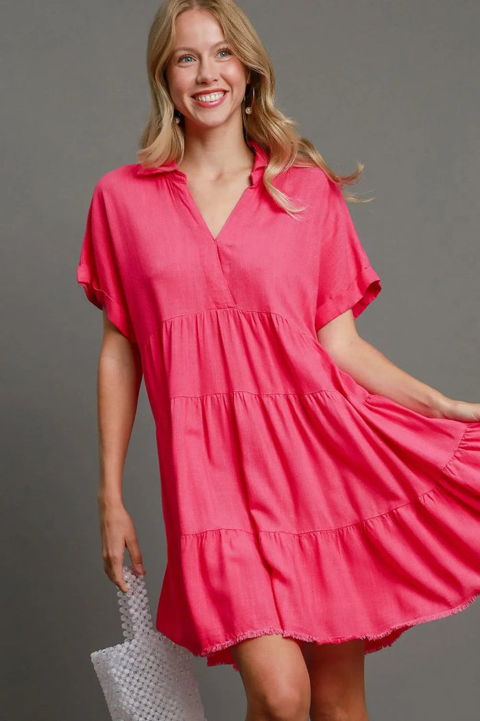 Umgee Full Size Raw Hem Folded Sleeve Tiered Dress Plus Size - Brittney MADE