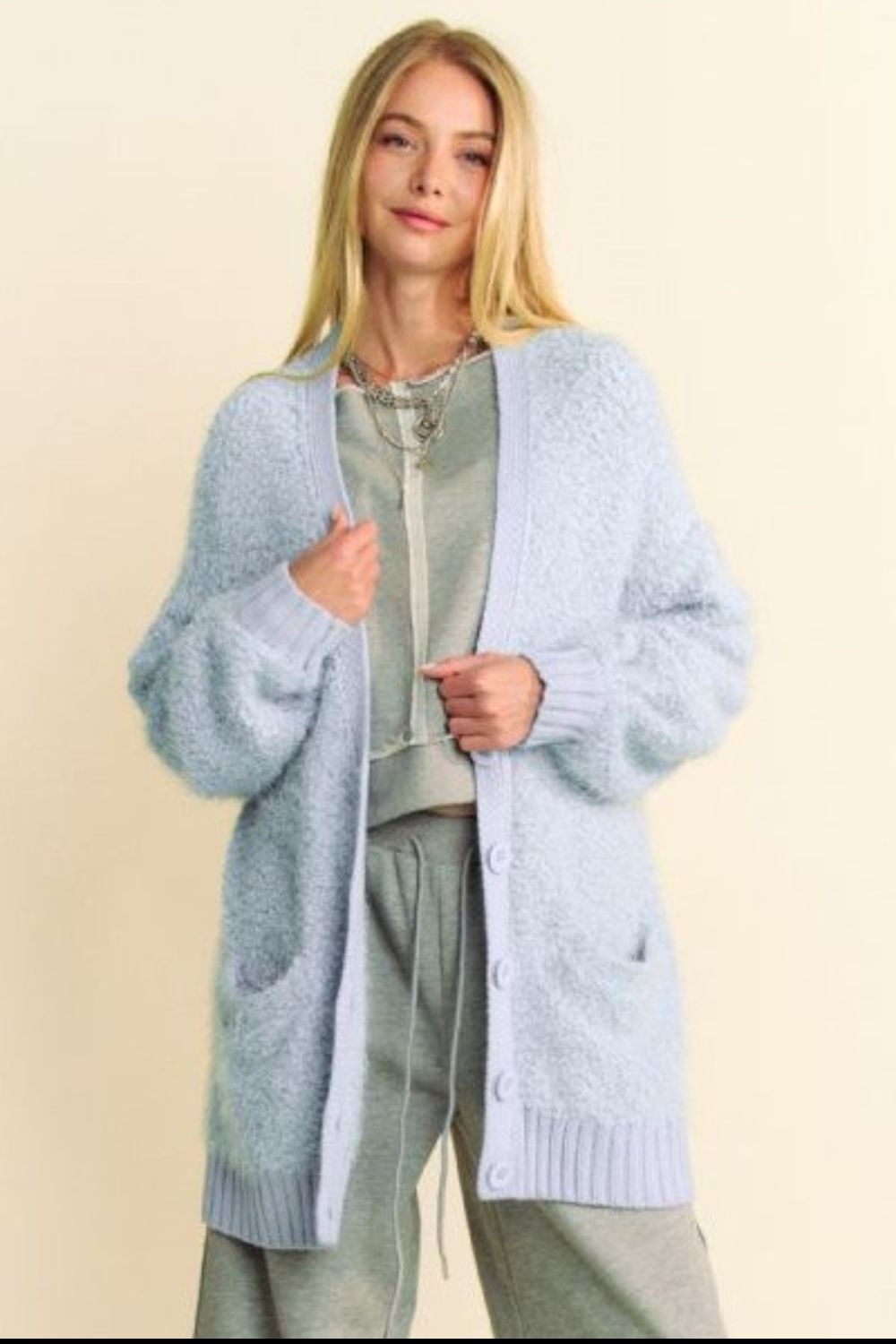 Davi & Dani Ribbed Hem Button Up Long Sleeve Cardigan - Brittney MADE