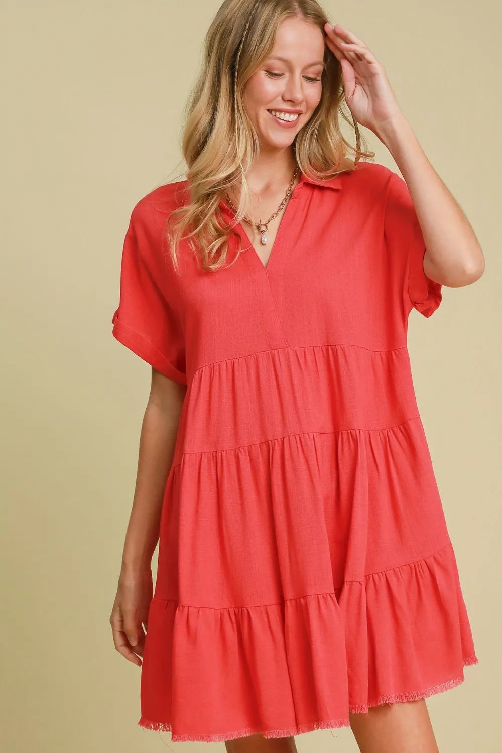 Umgee Full Size Raw Hem Folded Sleeve Tiered Dress Plus Size - Brittney MADE