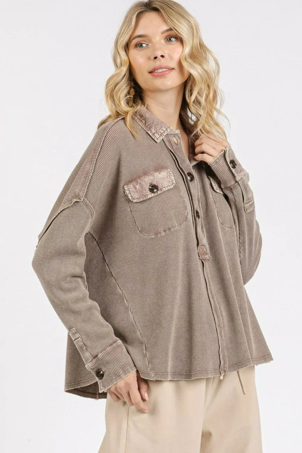Mittoshop Mineral Wash Waffle Knit Collared Neck Henley Top - Brittney MADE