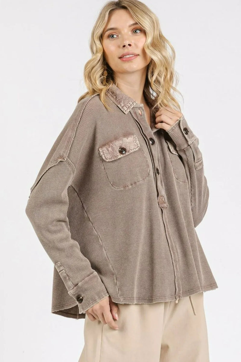 Mittoshop Mineral Wash Waffle Knit Collared Neck Henley Top - Brittney MADE