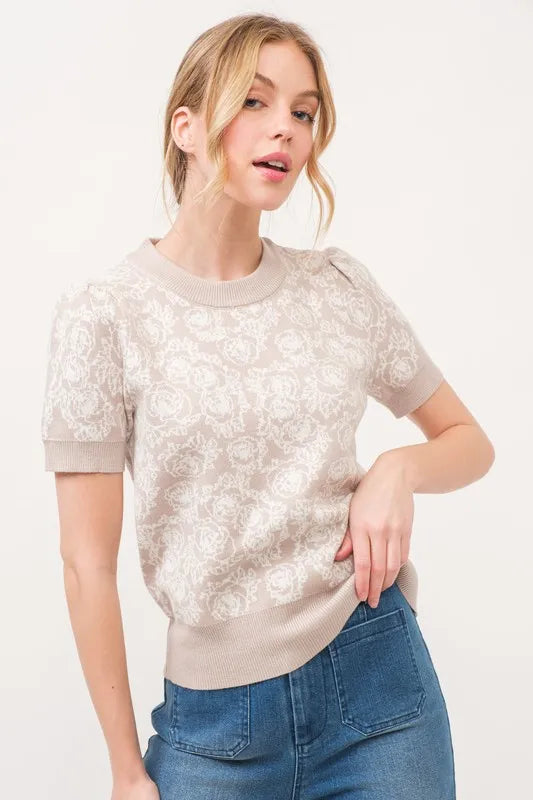 And The Why Short Sleeve Rose Pattern Knit Top - Brittney MADE