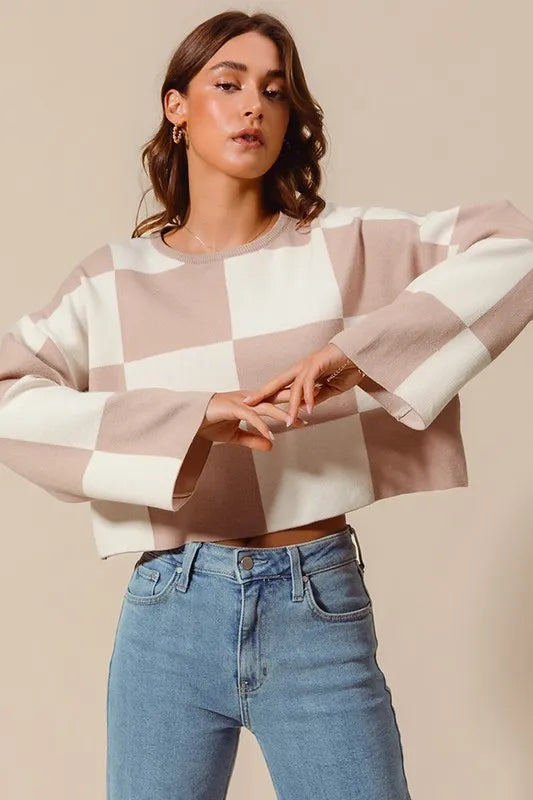 SO ME Checkered Crop Sweater with Bell Sleeves - Brittney MADE