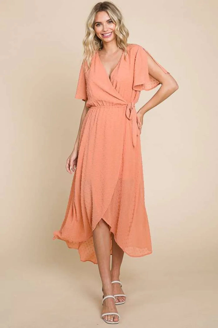 Culture Code Full Size Swiss Dot Tied Slit Short Sleeve Dress - Brittney MADE