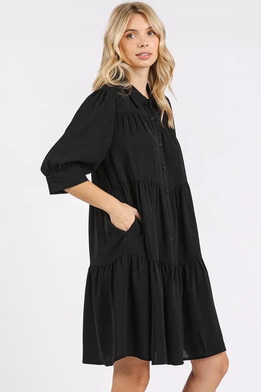 Mittoshop Button Detail Collared Neck Tiered Shirt Dress - Brittney MADE
