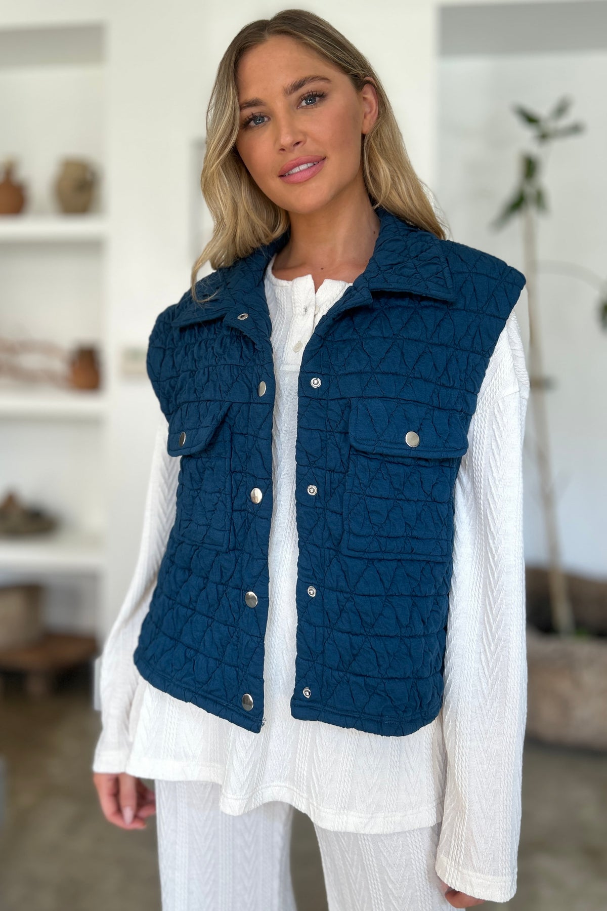 Double Take Full Size Pocketed Texture Snap Down Vest Coat - Brittney MADE