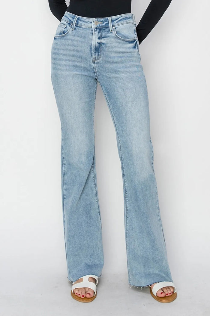RISEN Full Size High Rise Raw Cut Hem Bootcut Jeans - Brittney MADE
