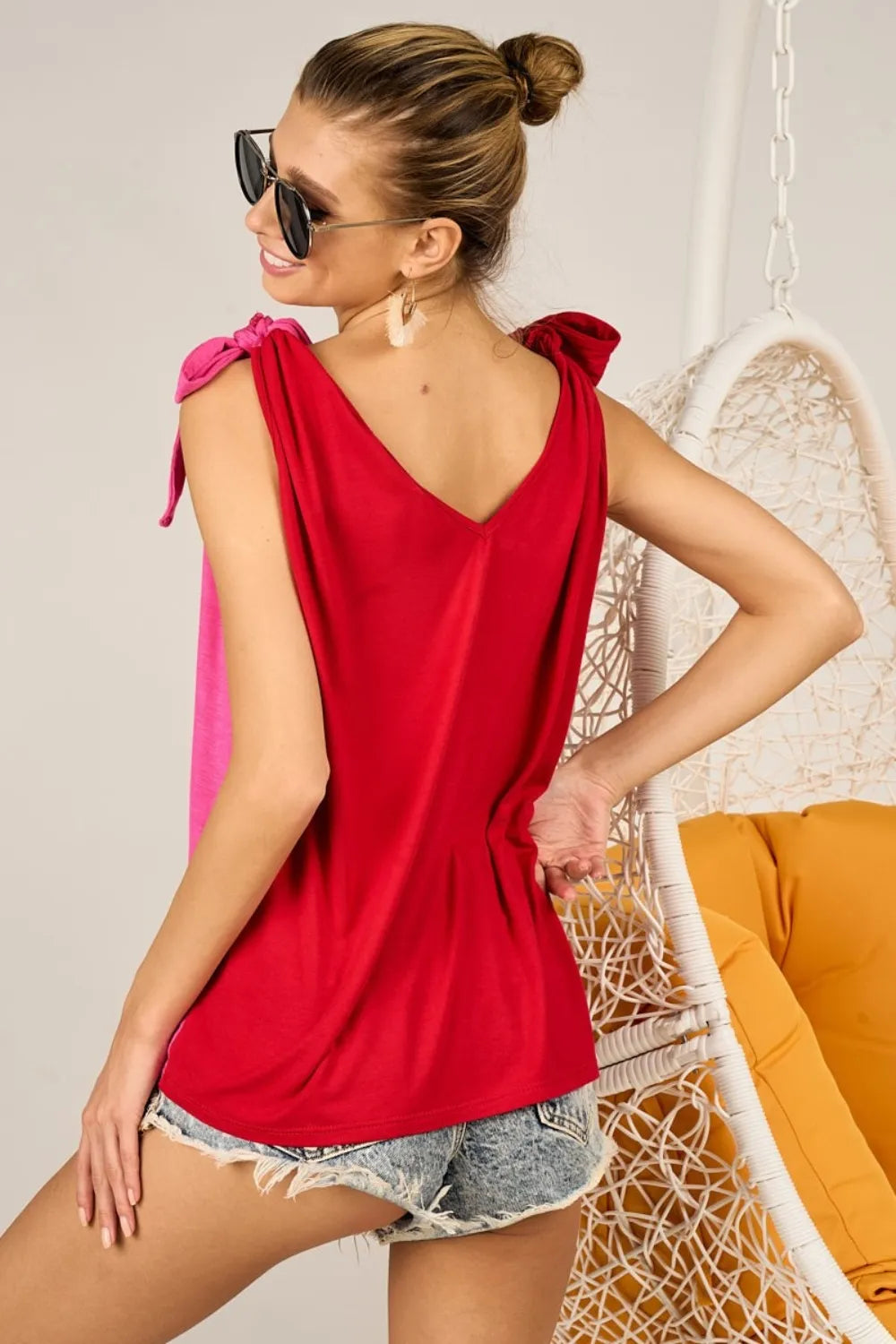 BiBi Shoulder Ribbon Tied Contrast Tank - Brittney MADE