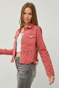 RISEN Full Size Raw Hem Button Up Cropped Denim Jacket Plus Size - Brittney MADE