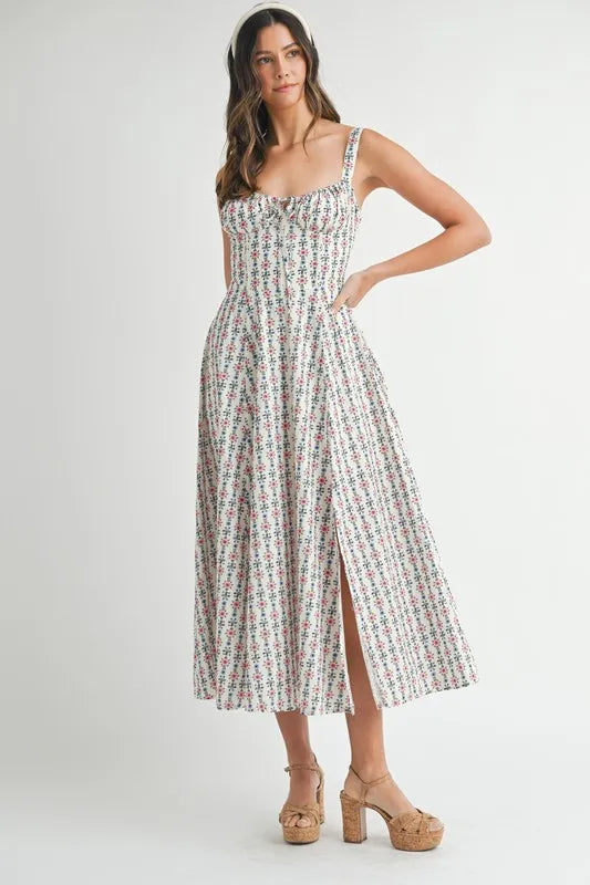 MABLE Floral Print Bustier Back Lace Up Midi Dress - Brittney MADE