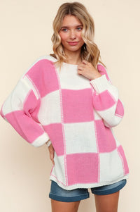 Haptics Full Size Checkered Round Neck Drop Shoulder Sweater - Brittney MADE