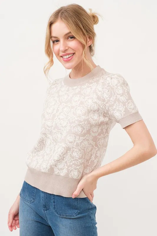 And The Why Short Sleeve Rose Pattern Knit Top - Brittney MADE