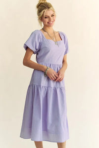 Davi & Dani Textured Fabric Short Puff Sleeve Midi Dress - Brittney MADE