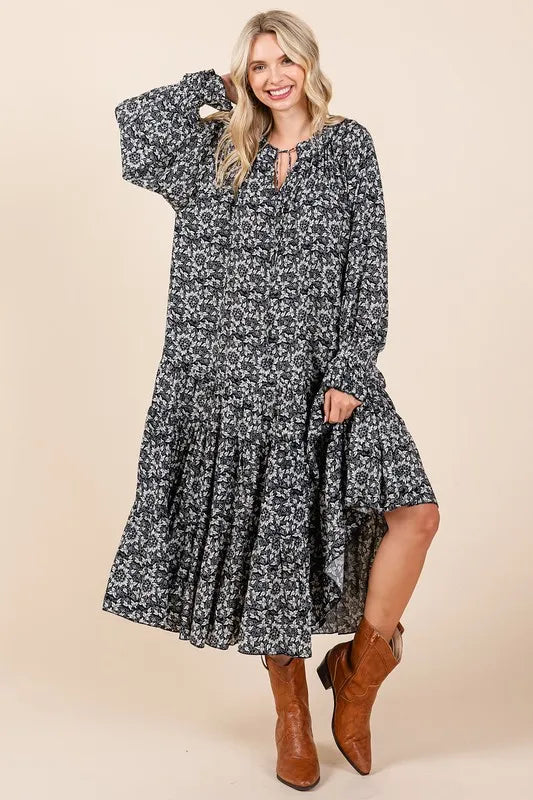 Mittoshop Printed Tie Neck Flounce Sleeve Midi Dress - Brittney MADE