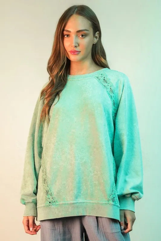 VERY J Plus Size Lace Trim Detail Mineral Washed Knit Top - Brittney MADE