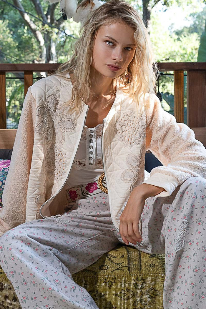 POL Lace Detail Fur Sleeve Zip Up Quilted Jacket - Brittney MADE
