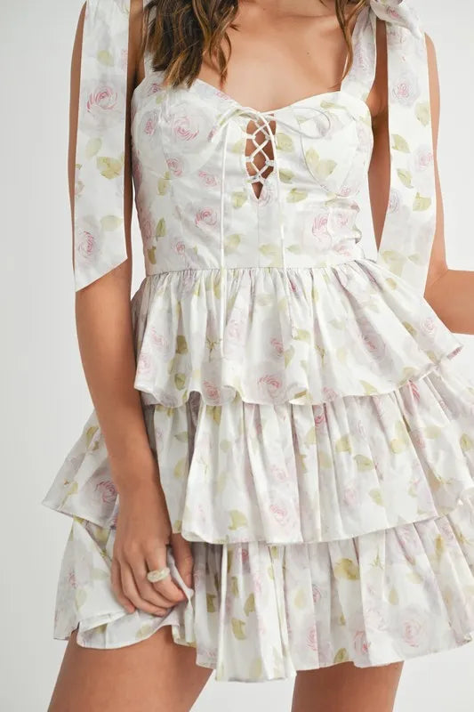 MABLE Floral Print Shoulder Tie Layered Mini Dress - Brittney MADE