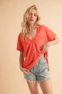 Aemi + Co Side Slit V-Neck Short Rolled Sleeve T-Shirt - Brittney MADE