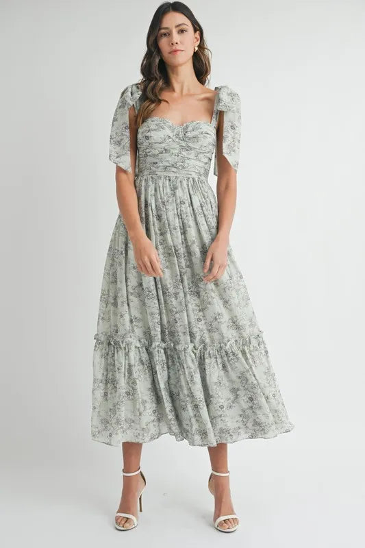 MABLE Floral Bust Ruched Midi Dress with Shoulder Tie - Brittney MADE