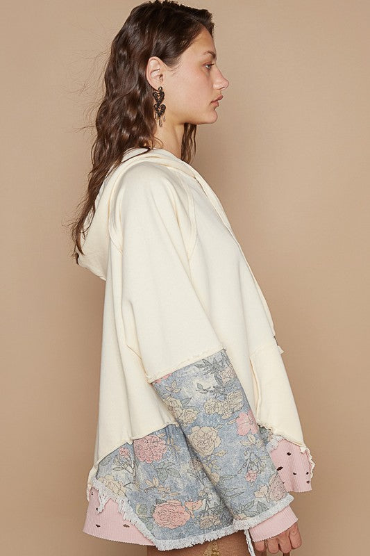 POL Floral Patchwork Distressed Drawstring Hoodie - Brittney MADE