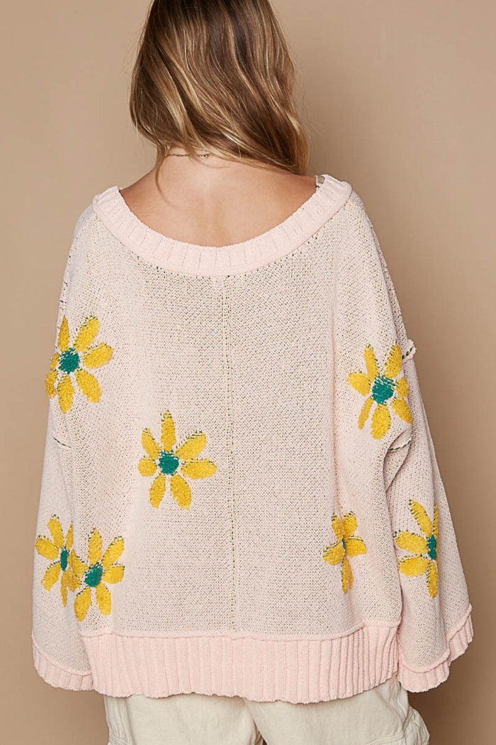 POL V-Neck Floral Pattern Chenille Sweater - Brittney MADE