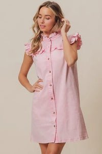 BiBi Washed Button Down Ruffled Cap Sleeve Denim Dress - Brittney MADE