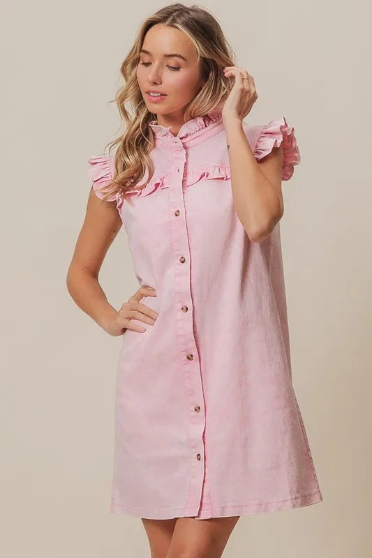 BiBi Washed Button Down Ruffled Cap Sleeve Denim Dress - Brittney MADE