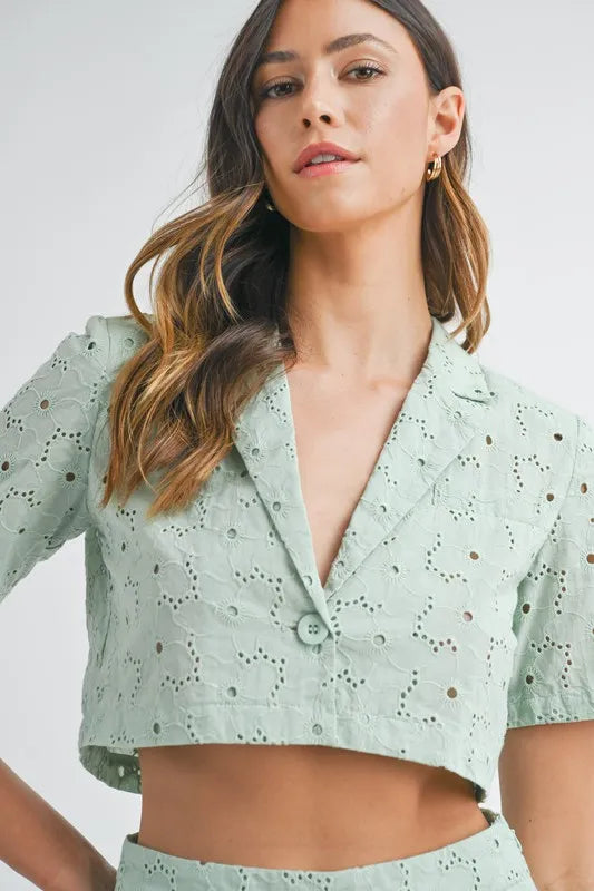 MABLE Eyelet Short Sleeve Crop Top and Shorts Set - Brittney MADE