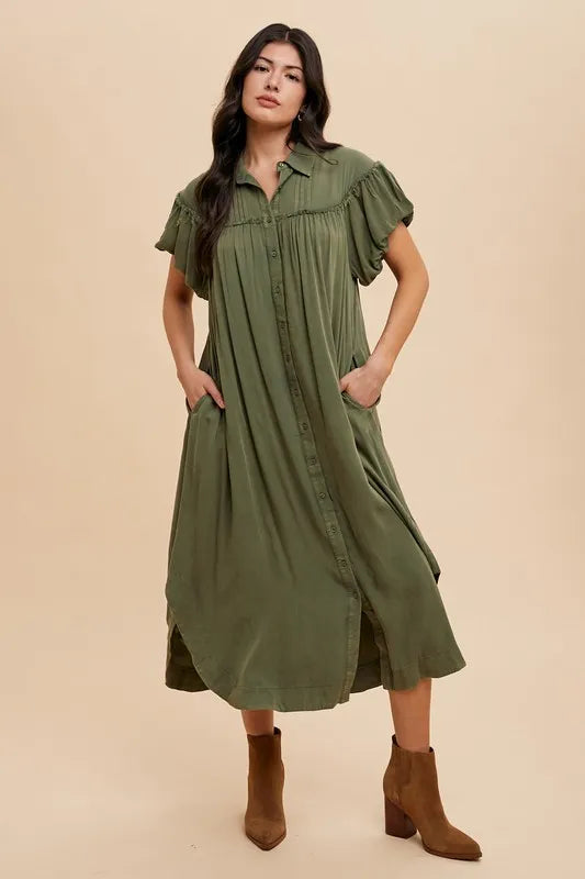 Annie Wear Mineral Washed Button Down Puff Sleeve Shirt Dress - Brittney MADE