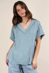 VERY J Full Size Soft Two Tone Casual Comfy Ribbed Knit Top Plus Size - Brittney MADE