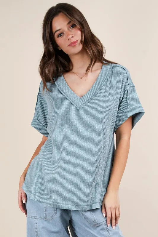 VERY J Full Size Soft Two Tone Casual Comfy Ribbed Knit Top Plus Size - Brittney MADE