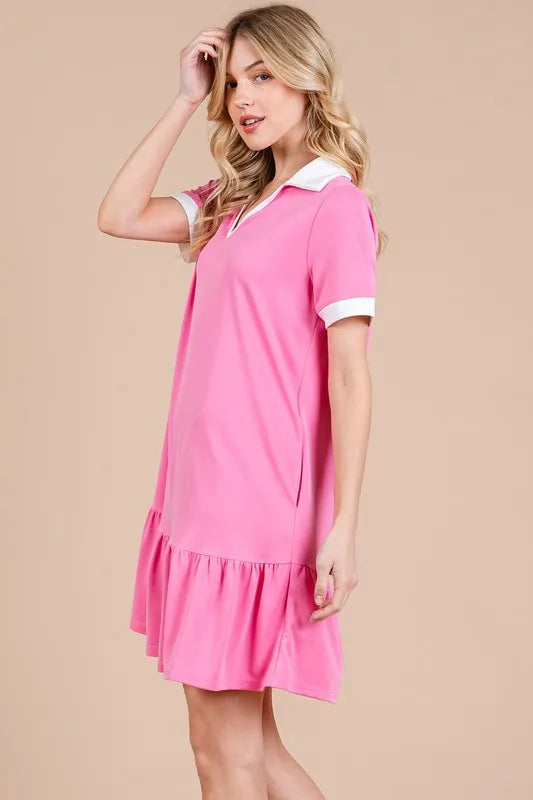 Ces Femme Ruffled Hem Johnny Collar Short Sleeve Dress - Brittney MADE