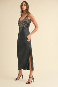Mable Embroidered Cami Satin Midi Slit Dress - Brittney MADE