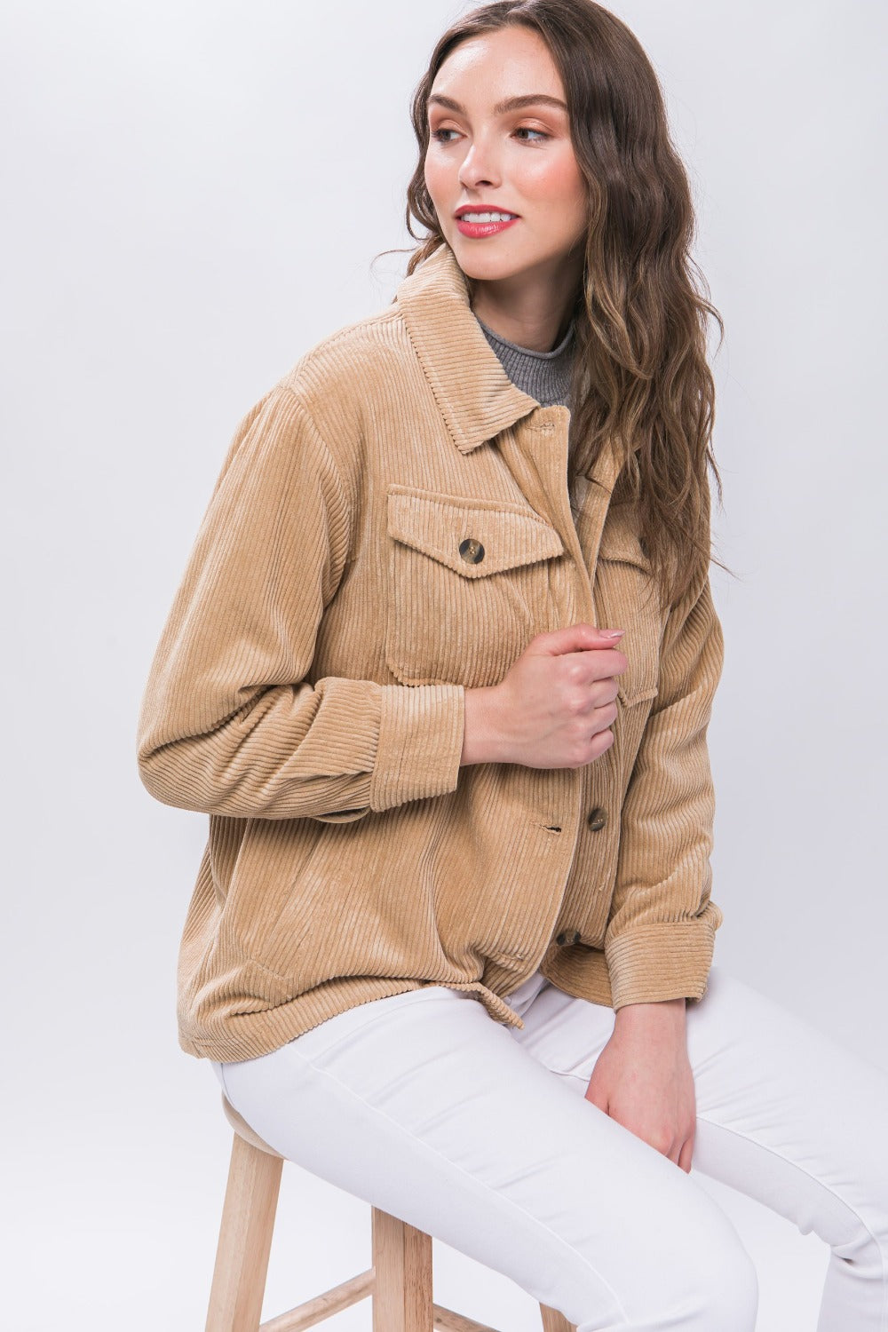 Love Tree Corduroy Button Up Jacket with Sherpa Inside - Brittney MADE